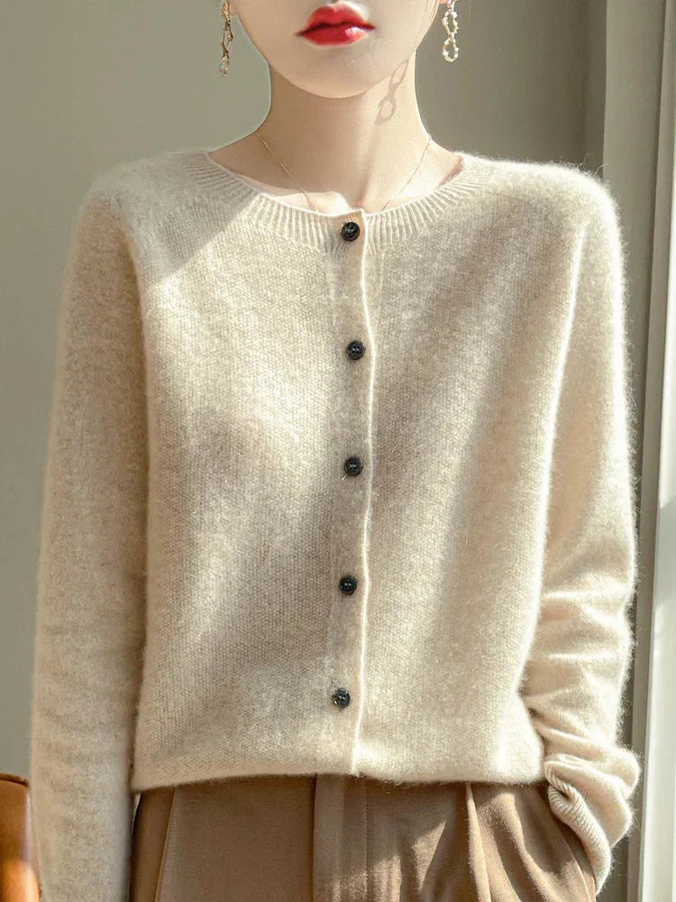 Elodie Fuzzy Button-Front Cardigan in Beige