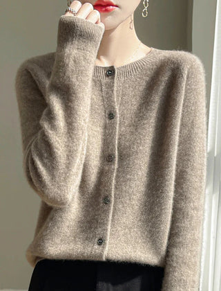 Elodie Fuzzy Button-Front Cardigan in Camel
