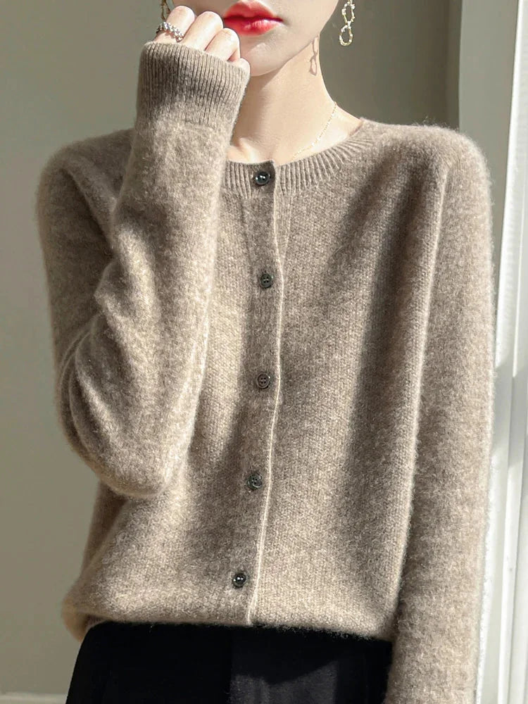 Elodie Fuzzy Button-Front Cardigan in Camel