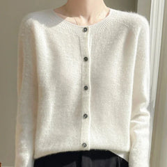 Elodie Fuzzy Button-Front Cardigan in White
