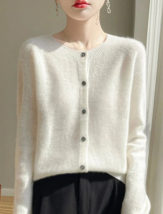 Elodie Fuzzy Button-Front Cardigan in White
