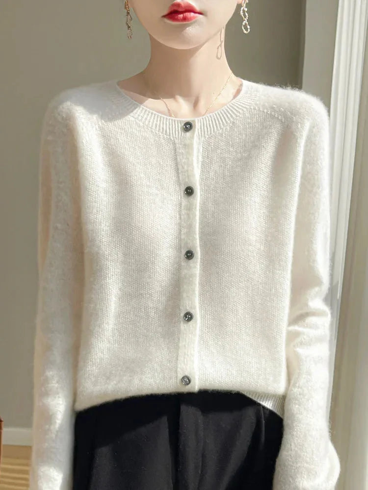 Elodie Fuzzy Button-Front Cardigan in White