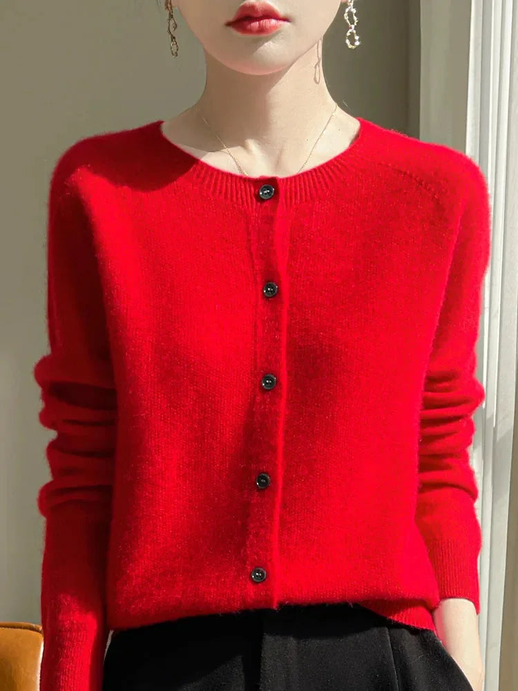 Elodie Fuzzy Button-Front Cardigan in Red