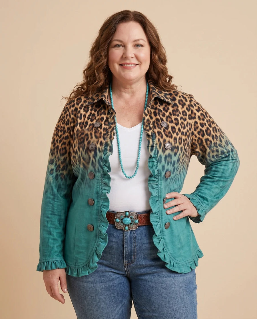 Elspeth™ | Leopard Ombre Ruffle Blazer Jacket worn by a woman with curves