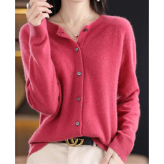 Fernanda round neck button cardigan in Dark Pink, worn
