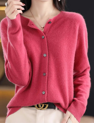 Fernanda round neck button cardigan in Dark Pink, worn