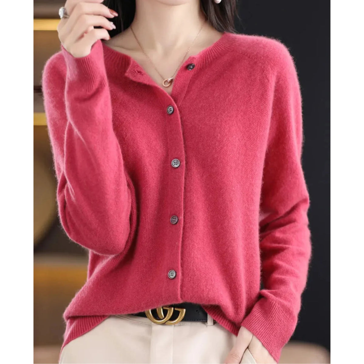 Fernanda round neck button cardigan in Dark Pink, worn