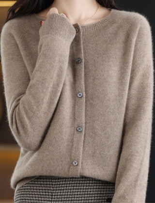 Fernanda round neck button cardigan in Brown, worn