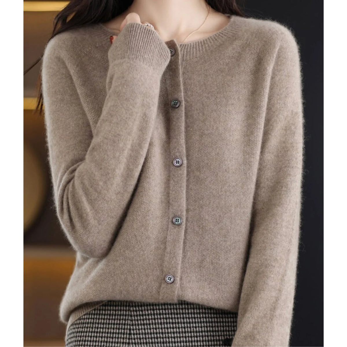 Fernanda round neck button cardigan in Brown, worn
