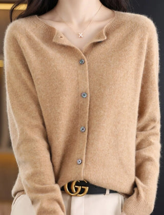 Fernanda round neck button cardigan in Light Brown, worn
