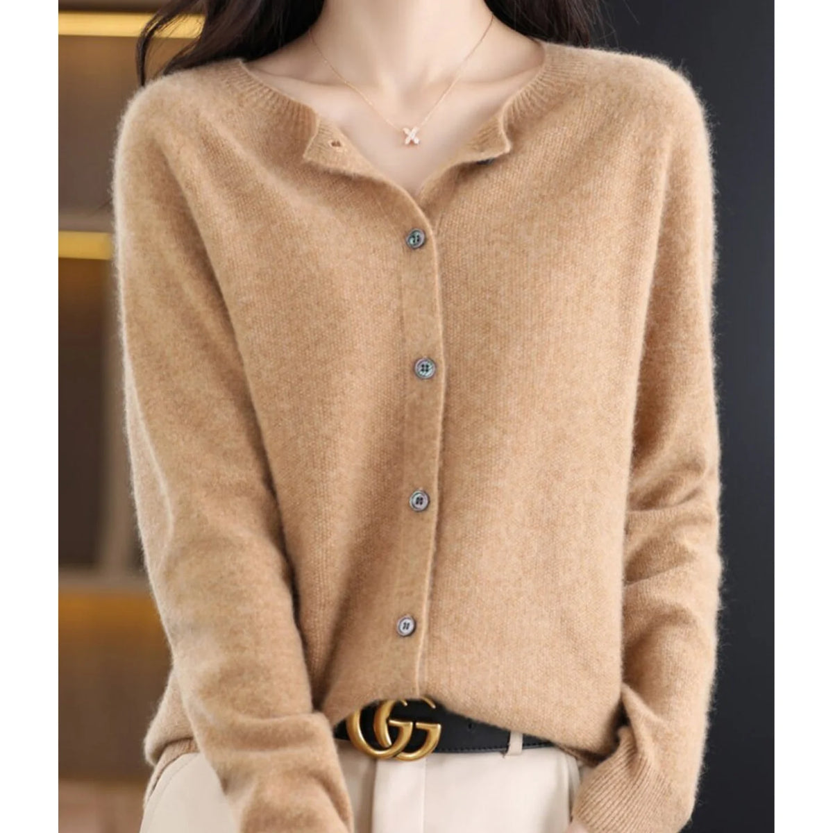 Fernanda round neck button cardigan in Light Brown, worn