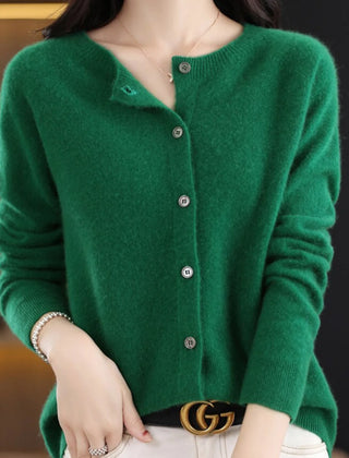 Fernanda round neck button cardigan in Dark Green, worn