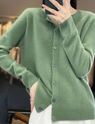 Fernanda round neck button cardigan in Light Green, worn