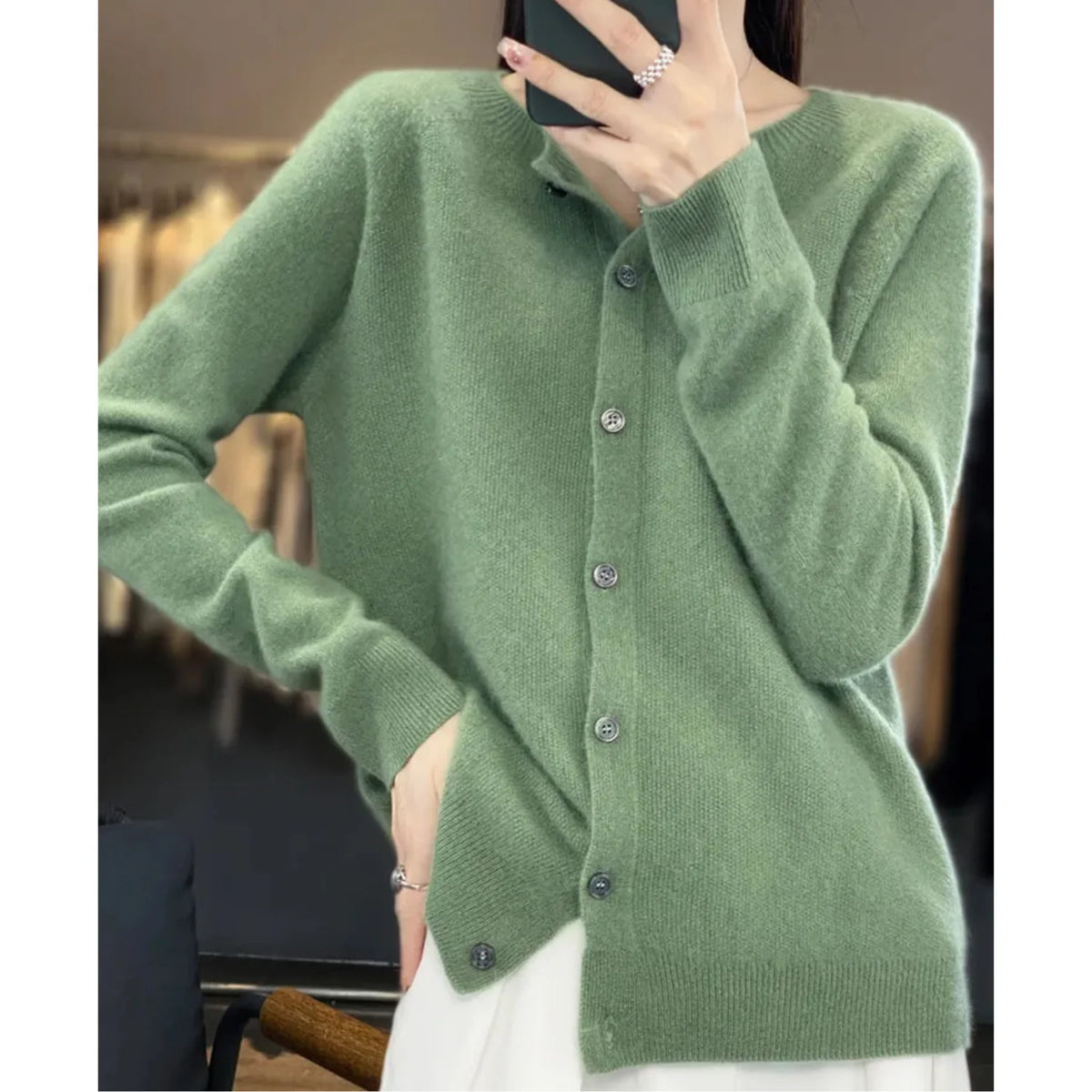 Fernanda round neck button cardigan in Light Green, worn