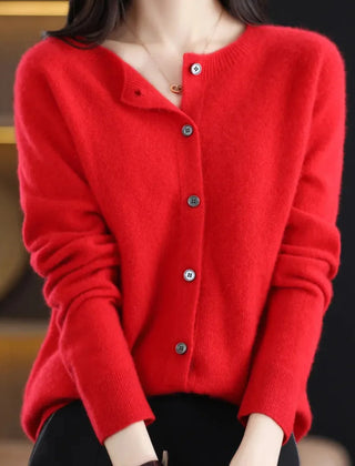 Fernanda round neck button cardigan in Red, worn