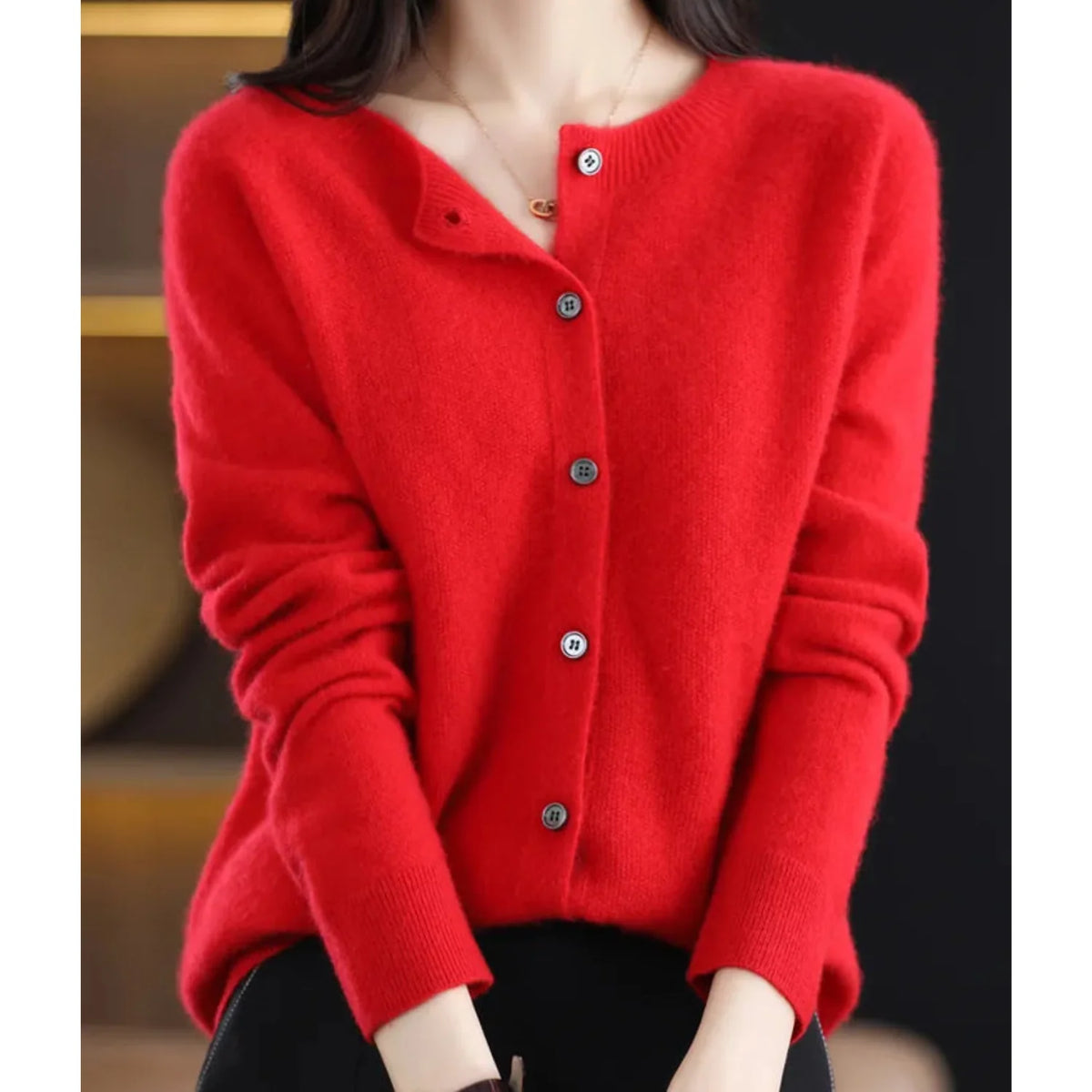 Fernanda round neck button cardigan in Red, worn