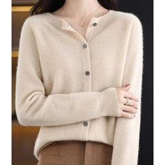 Fernanda round neck button cardigan in Khaki, worn