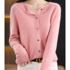Fernanda round neck button cardigan in Light Pink, worn