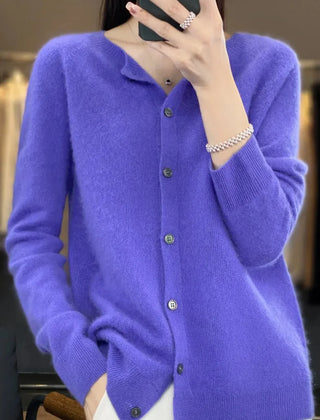 Fernanda round neck button cardigan in Dark Blue, worn