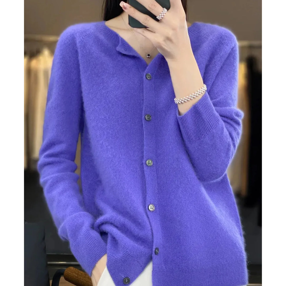 Fernanda round neck button cardigan in Dark Blue, worn