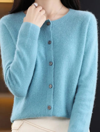 Fernanda round neck button cardigan in Light Blue, worn
