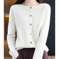 Fernanda round neck button cardigan in White, worn