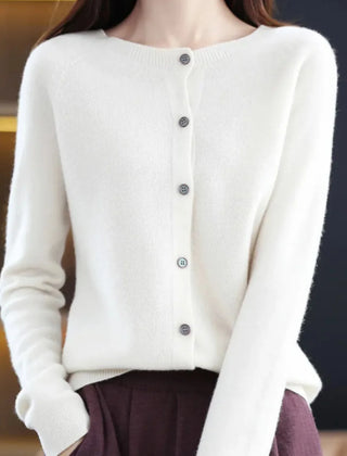 Fernanda round neck button cardigan in White, worn