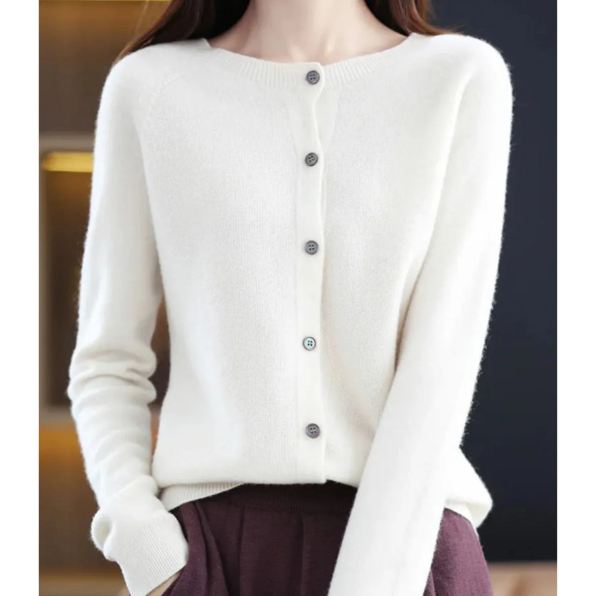 Fernanda round neck button cardigan in White, worn