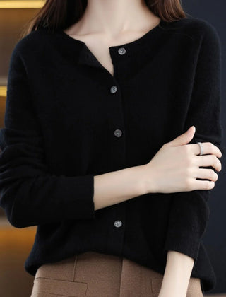Fernanda round neck button cardigan in Black, worn