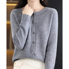 Fernanda round neck button cardigan in Gray, worn