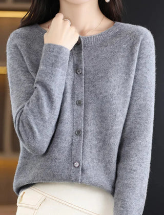 Fernanda round neck button cardigan in Gray, worn