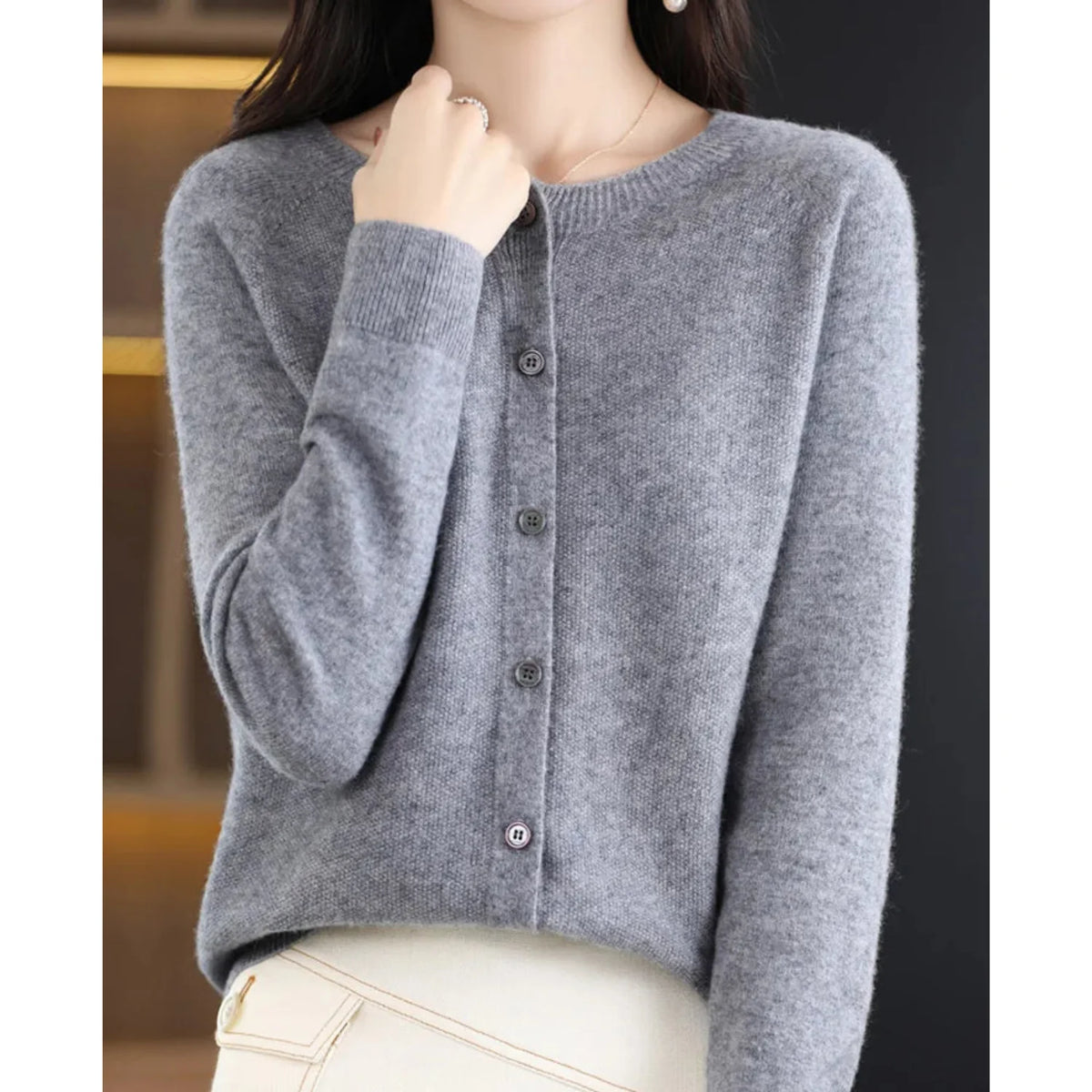 Fernanda round neck button cardigan in Gray, worn