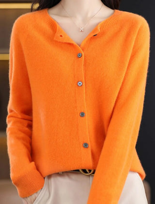 Fernanda round neck button cardigan in Orange, worn