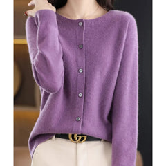 Fernanda round neck button cardigan in Purple, worn
