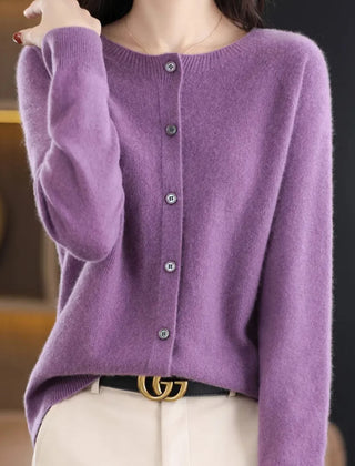 Fernanda round neck button cardigan in Purple, worn