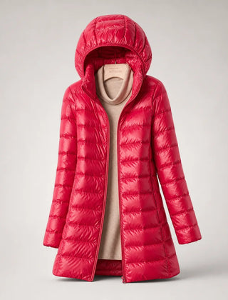 Fiona Lightweight Hooded Puffer Coat in Red
