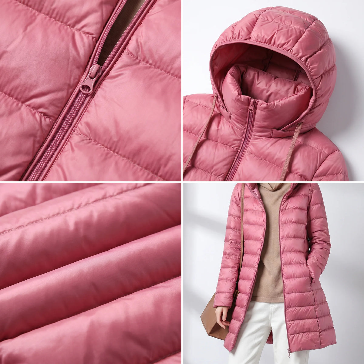 Fiona puffer coat in pink, close-ups of the zipper, hood and quilting