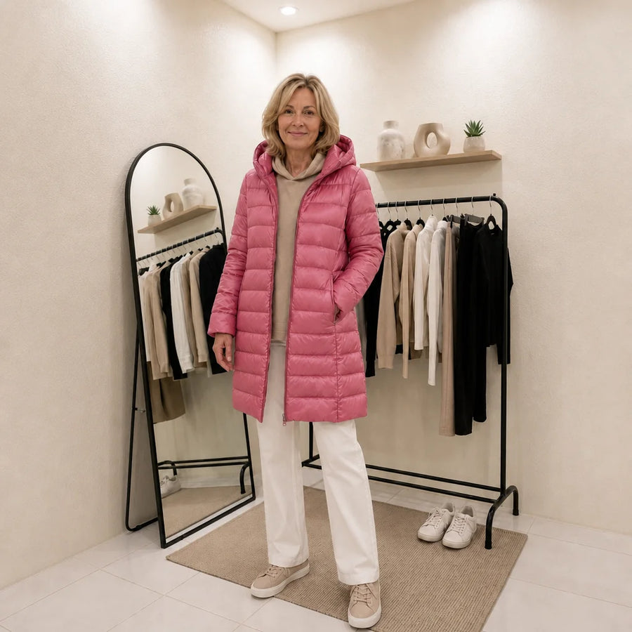 Woman wearing the Fiona puffer coat in pink with the hood down