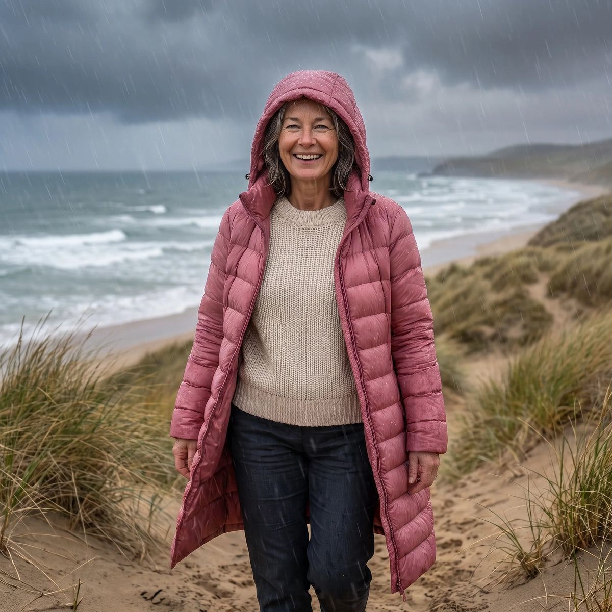 Woman wearing the Fiona puffer coat in pink with the hood up by the sea