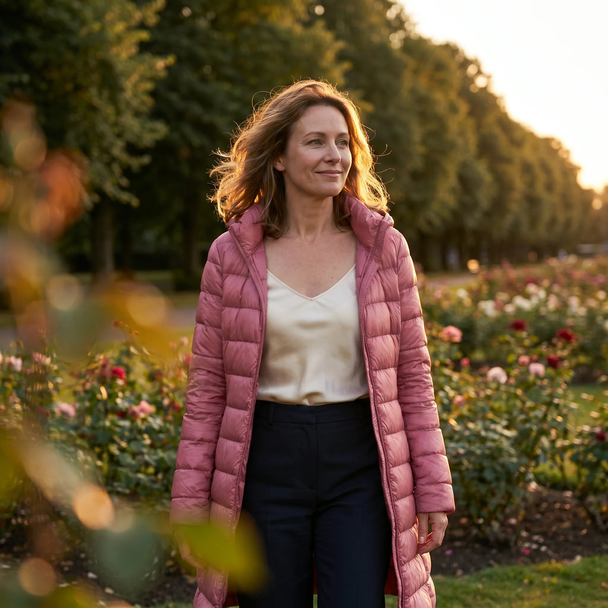 Woman wearing the Fiona puffer coat in pink, worn open in a garden