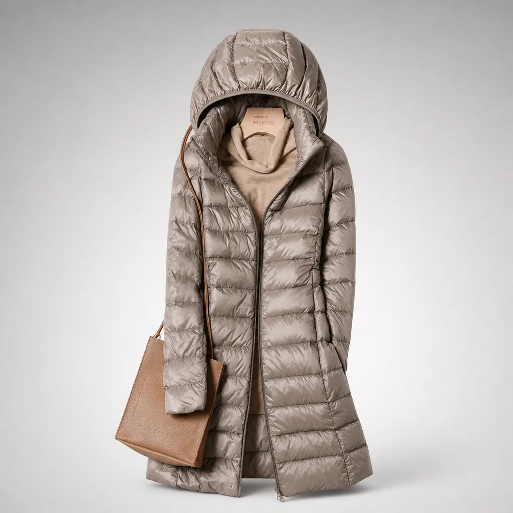 Fiona Lightweight Hooded Puffer Coat in Khaki