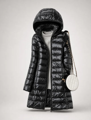 Fiona Lightweight Hooded Puffer Coat in Black