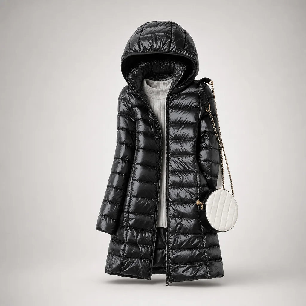 Fiona Lightweight Hooded Puffer Coat in Black
