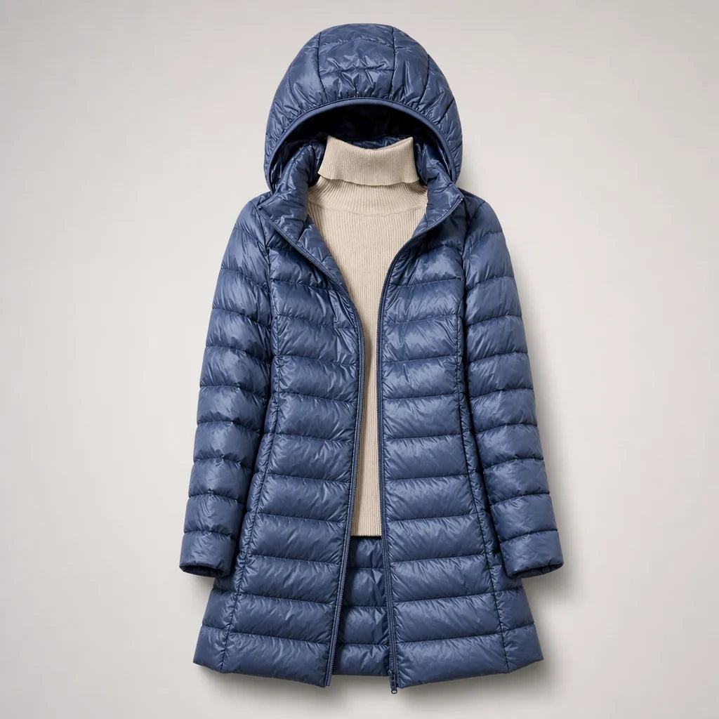 Fiona Lightweight Hooded Puffer Coat in Blue