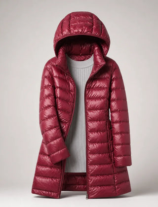Fiona Lightweight Hooded Puffer Coat in Burgundy