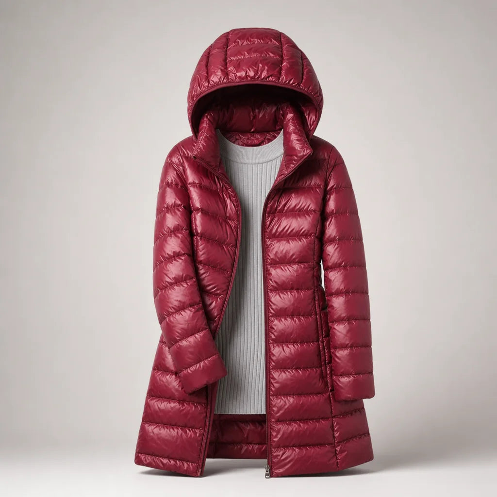 Fiona Lightweight Hooded Puffer Coat in Burgundy