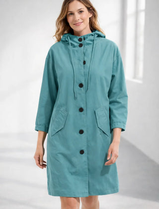 Fleur Hooded Button-Front Jacket in Turquoise