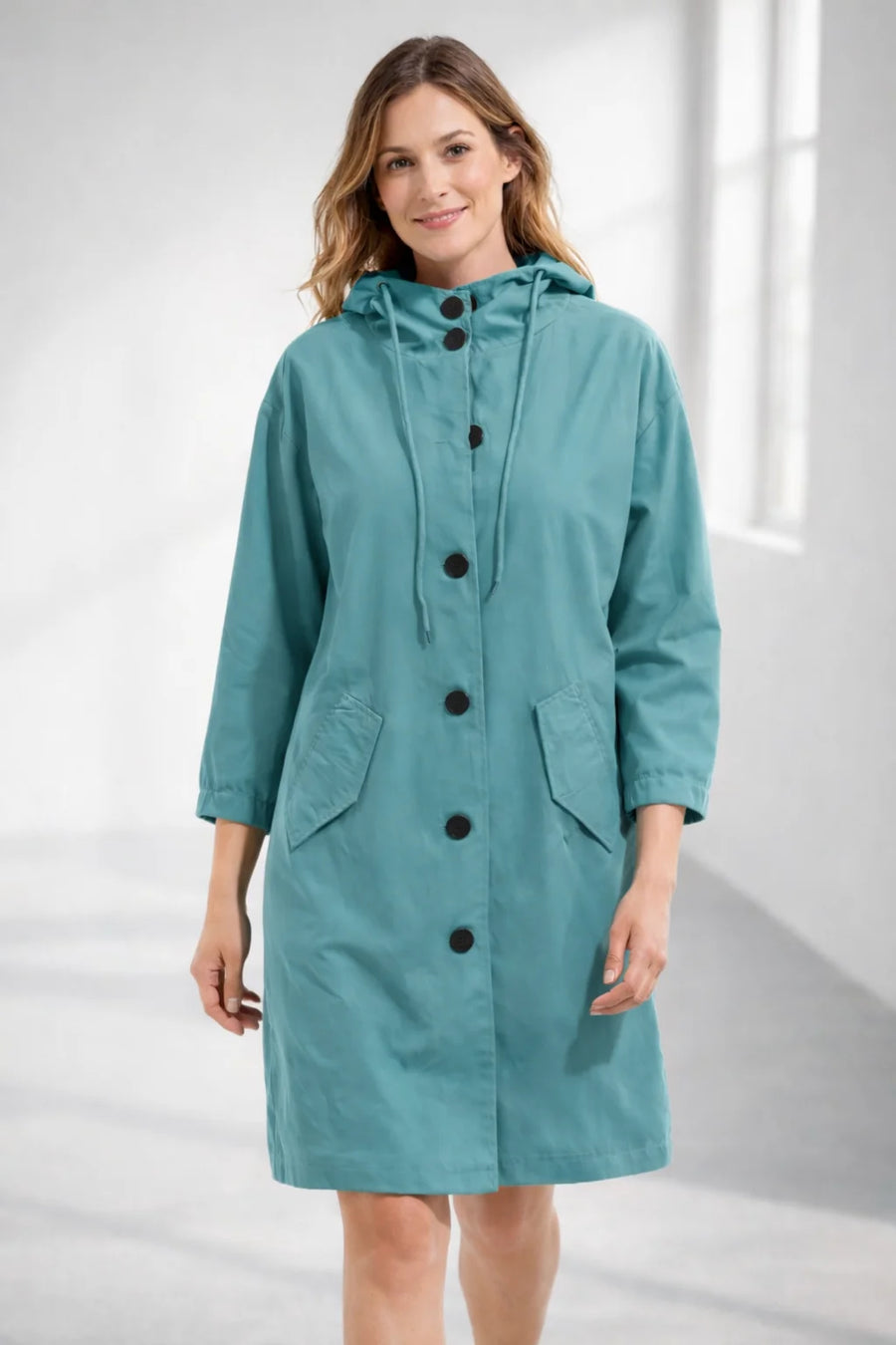 Fleur Hooded Button-Front Jacket in Turquoise