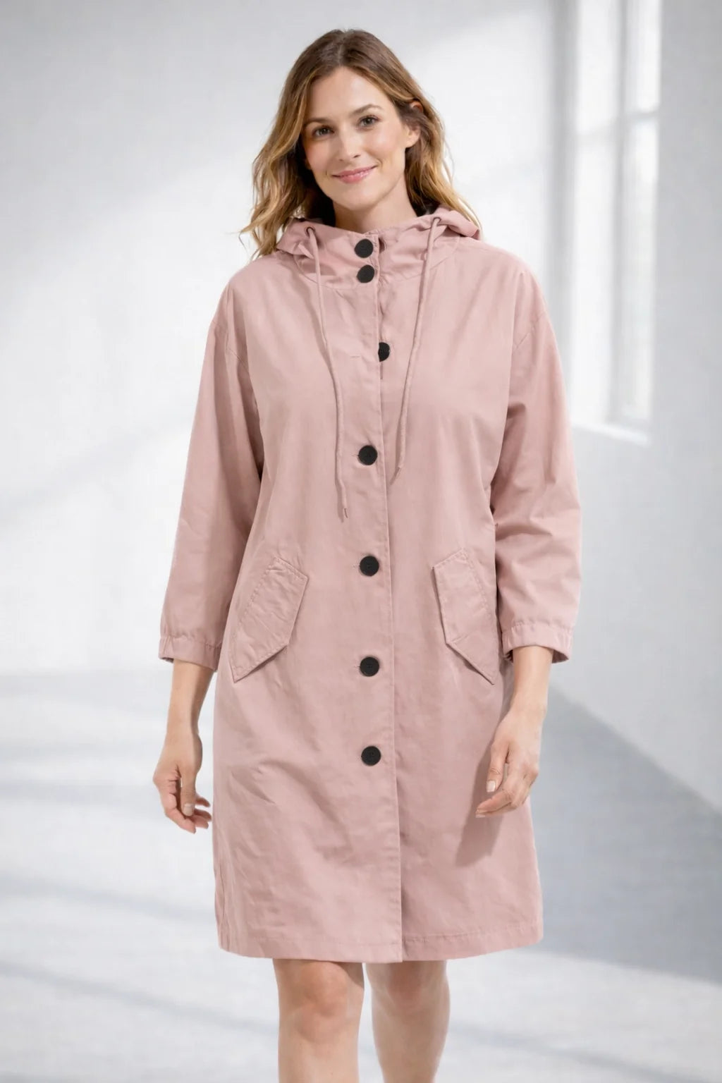 Fleur Hooded Button-Front Jacket in Pink