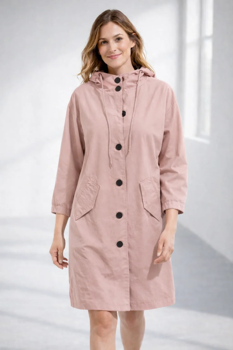 Fleur Hooded Button-Front Jacket in Pink